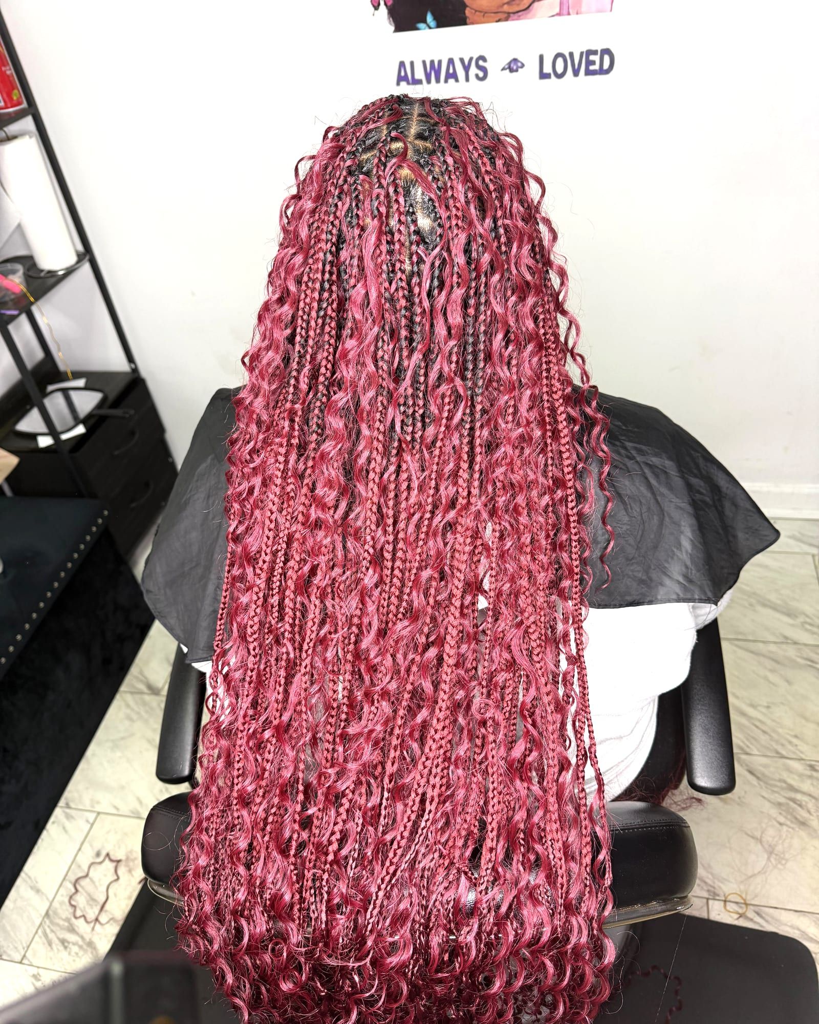 Long burgundy bohemian knotless braids